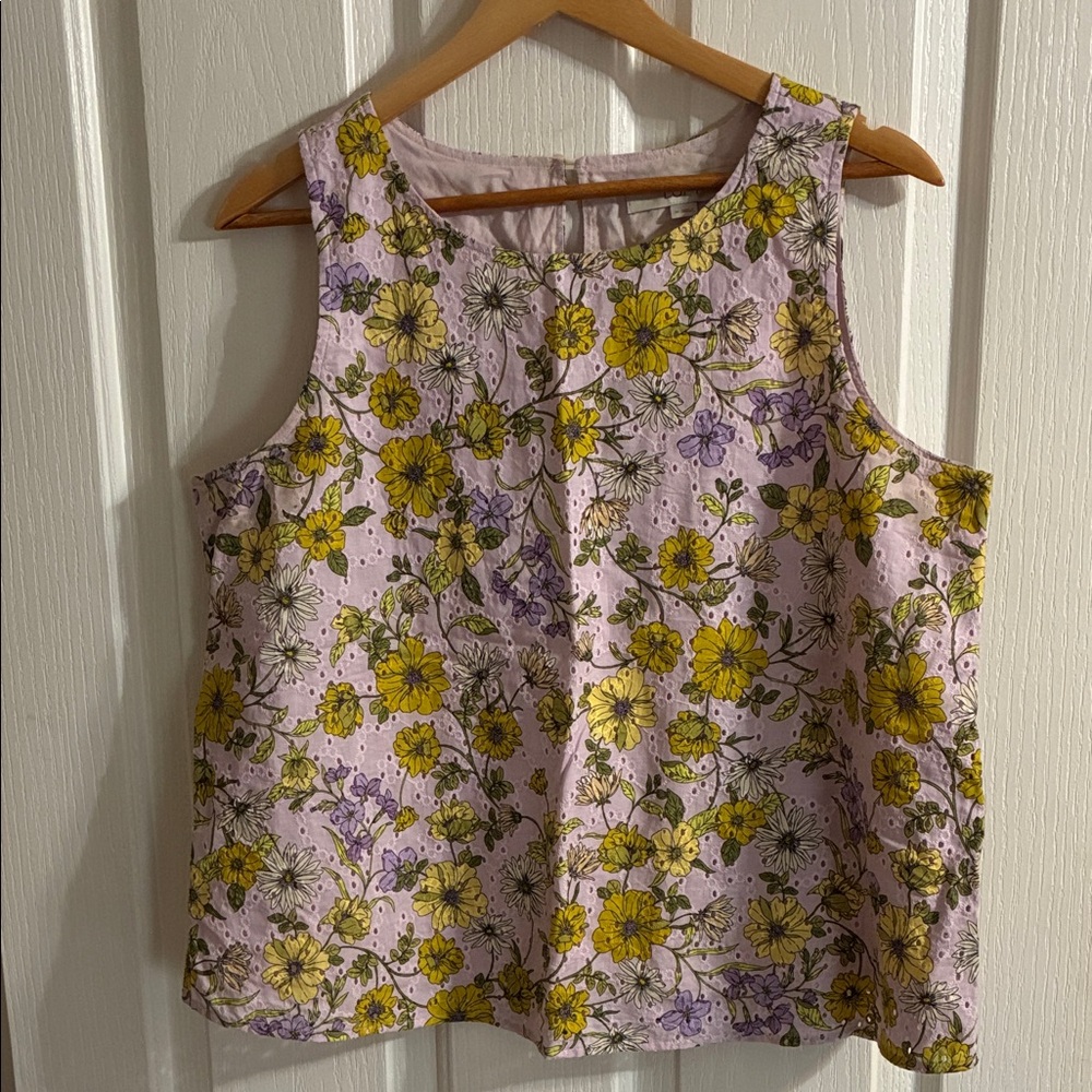 LOFT Lavender Floral Eyelet Tank with Yellow Blossoms